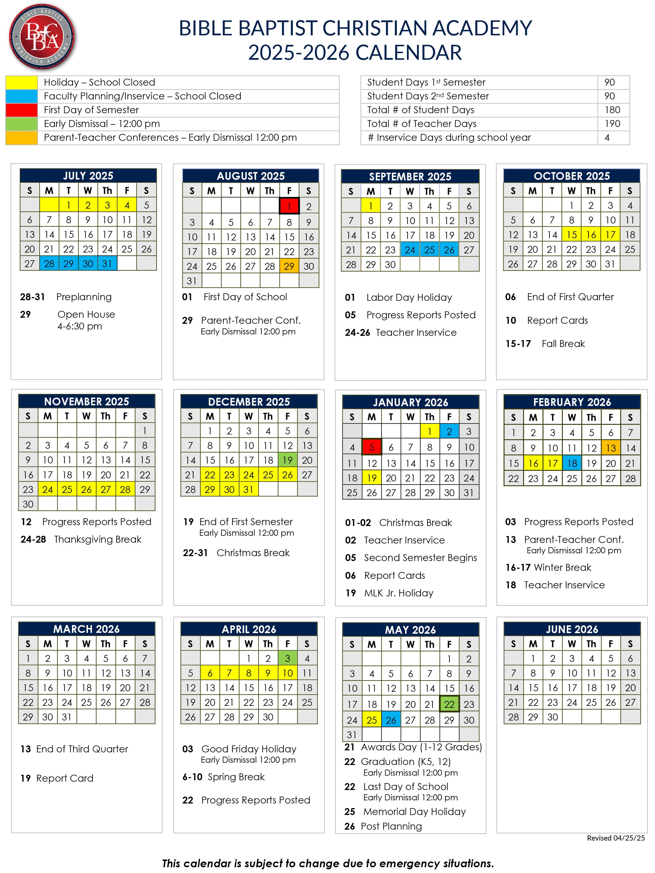 Academy School Calendar