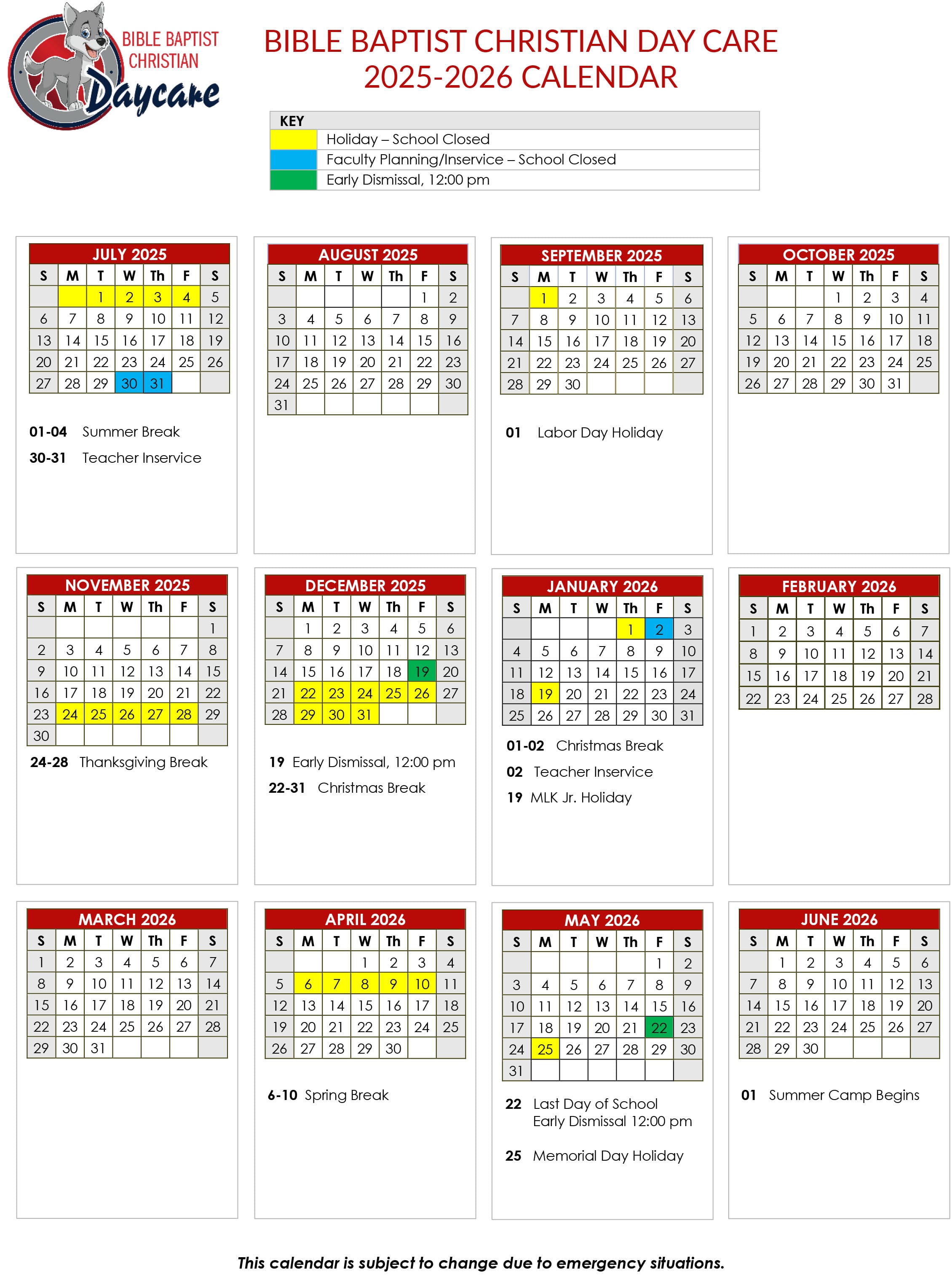 2025-26 Daycare Calendar